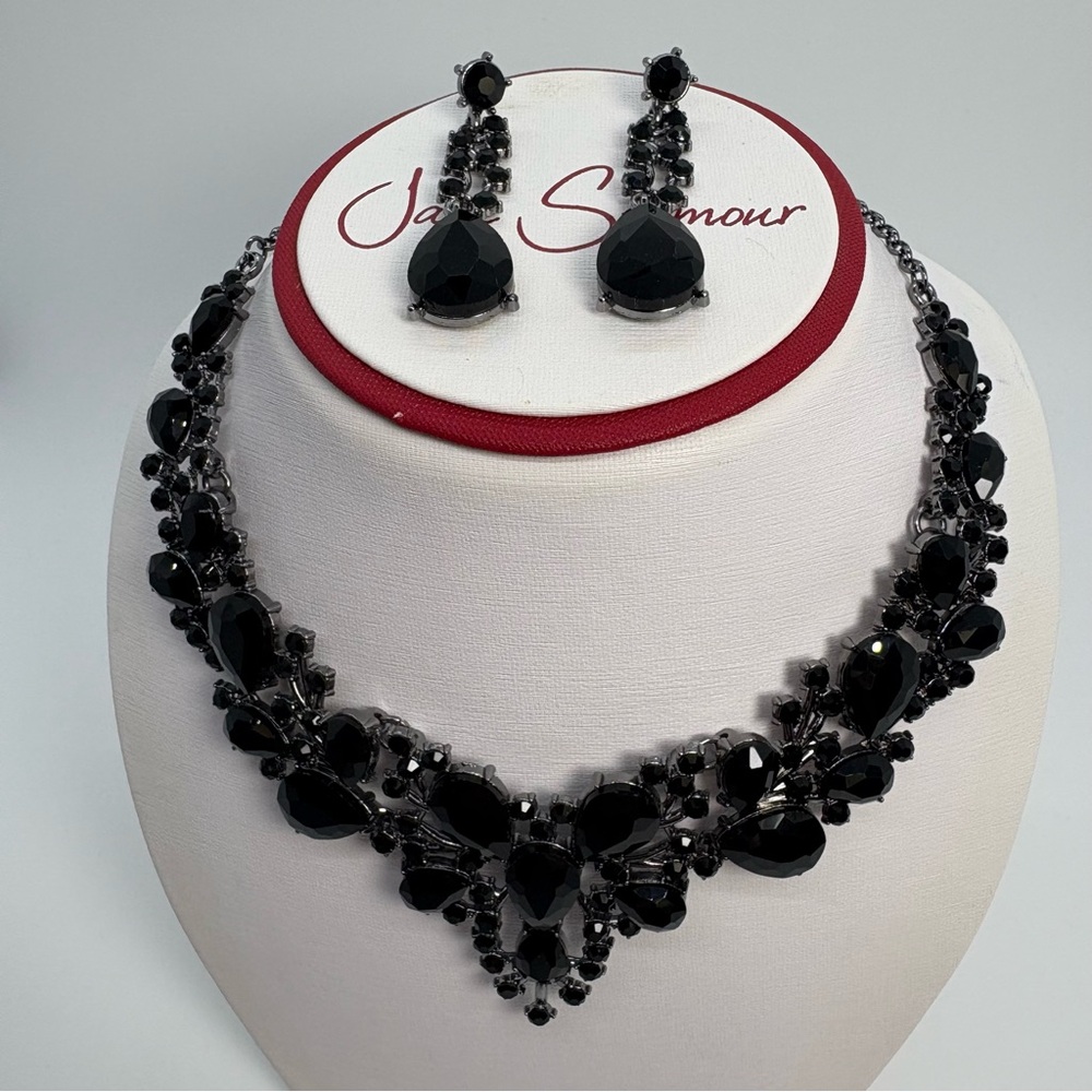 Black Crystal Bib Statement Necklace and Earring Set For Bridal Prom Pageant
